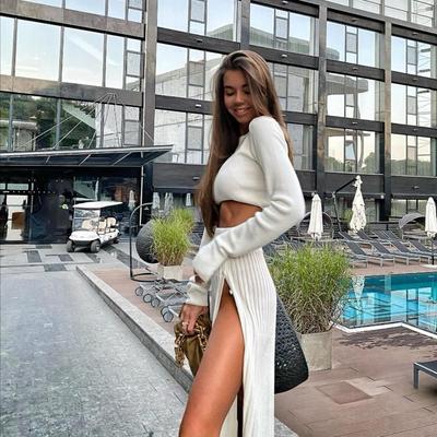 Matching Set Outfits Button Up Split Skirts Winter Solid Sexy Sweater Cropped Top Midi Skirt Two Piece Set