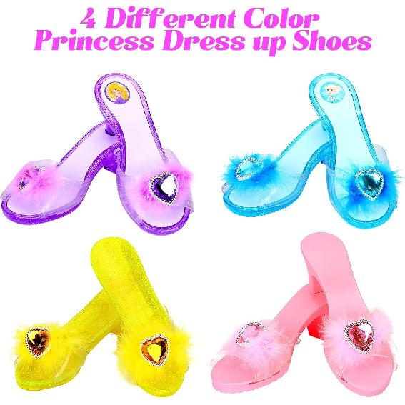 Princess Dress Up Shoes Set, Girls Role Play Dress Up Toys, Toddler Pretend Jewelry Boutique Kit Gift Set for Little Girls Aged 3-6 Years Old, 4