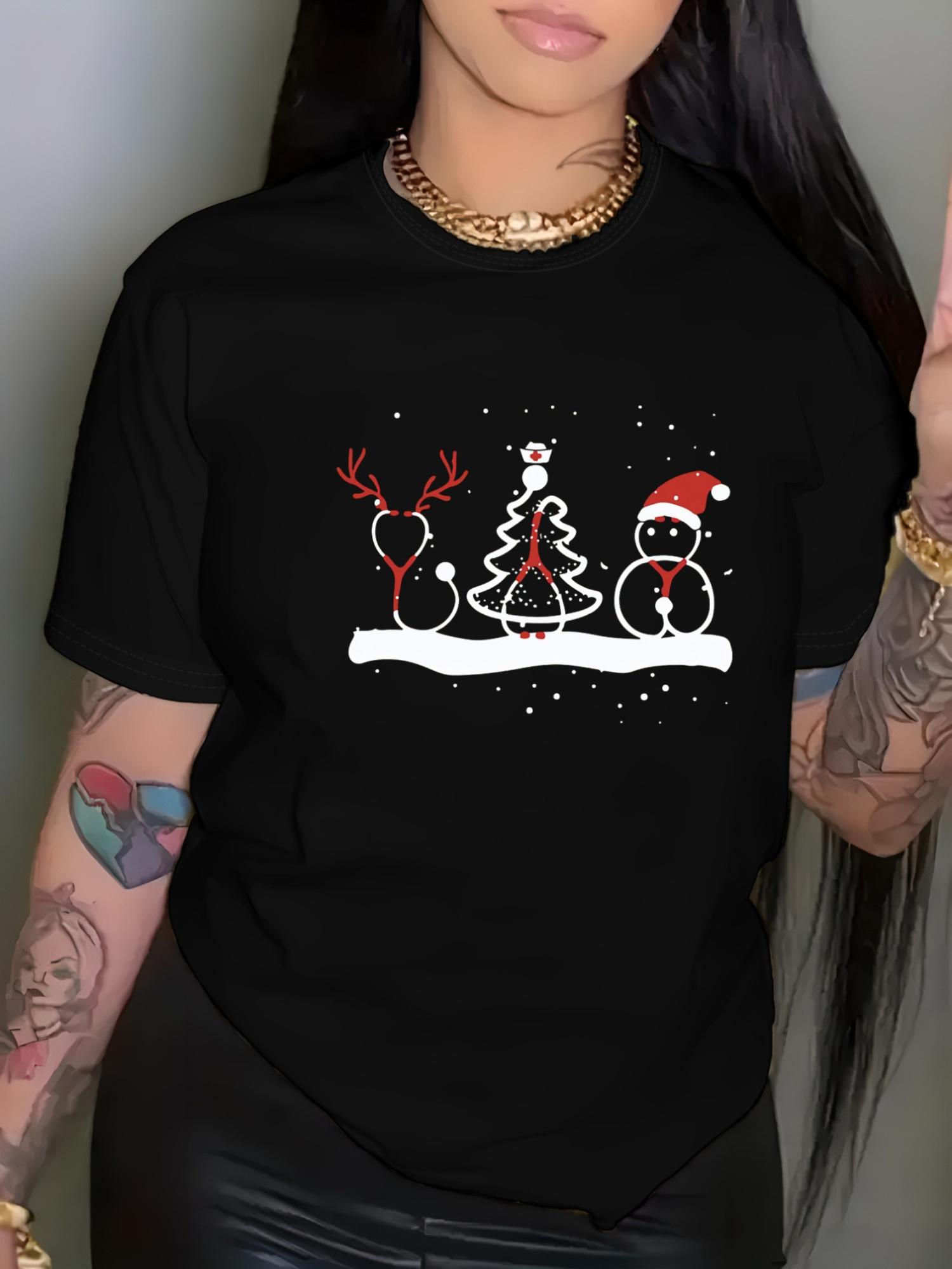 

Christmas Print Short Sleeve TShirt Casual Crew Neck Fabric Top with Fashionable Santa SnowUnisex Comfortable for Summer Clothing S
