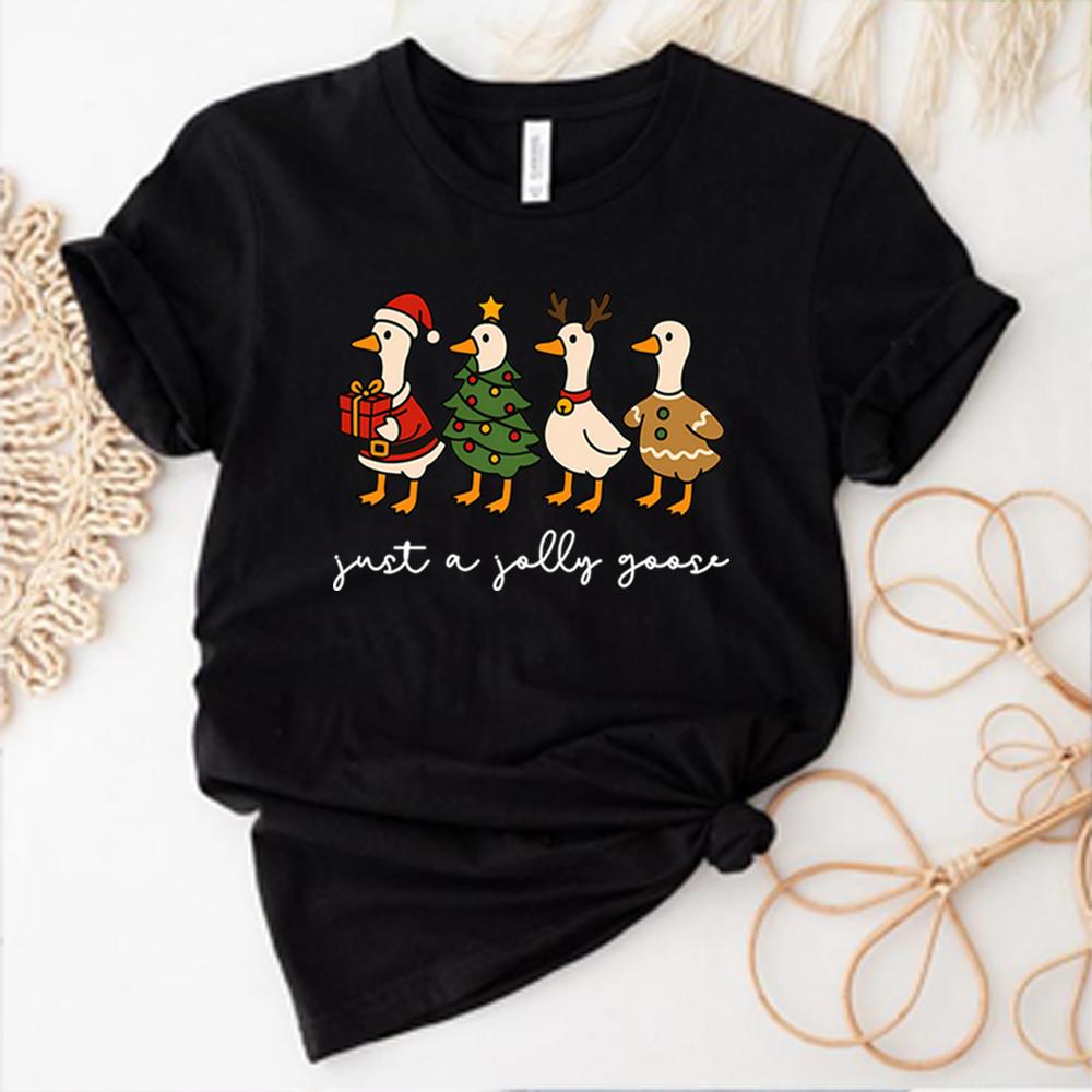 Cute Just A Jolly Goose Tshirt Christmas Goose Shirt Funny Santa Tshirt Gingerbread Goose Graphic Tee Unisex Short Sleeves Tops