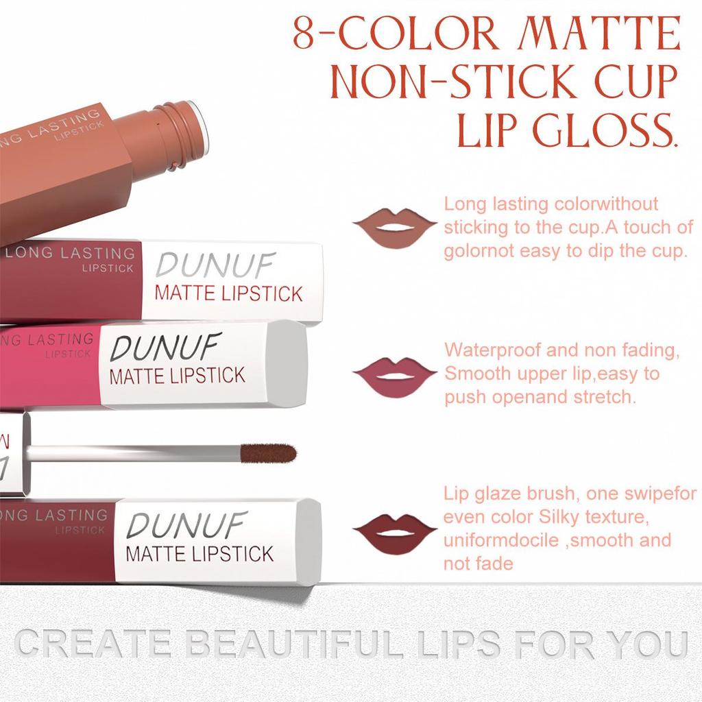DUNUF 8-Color Matte Long-Lasting Waterproof Lip Gloss