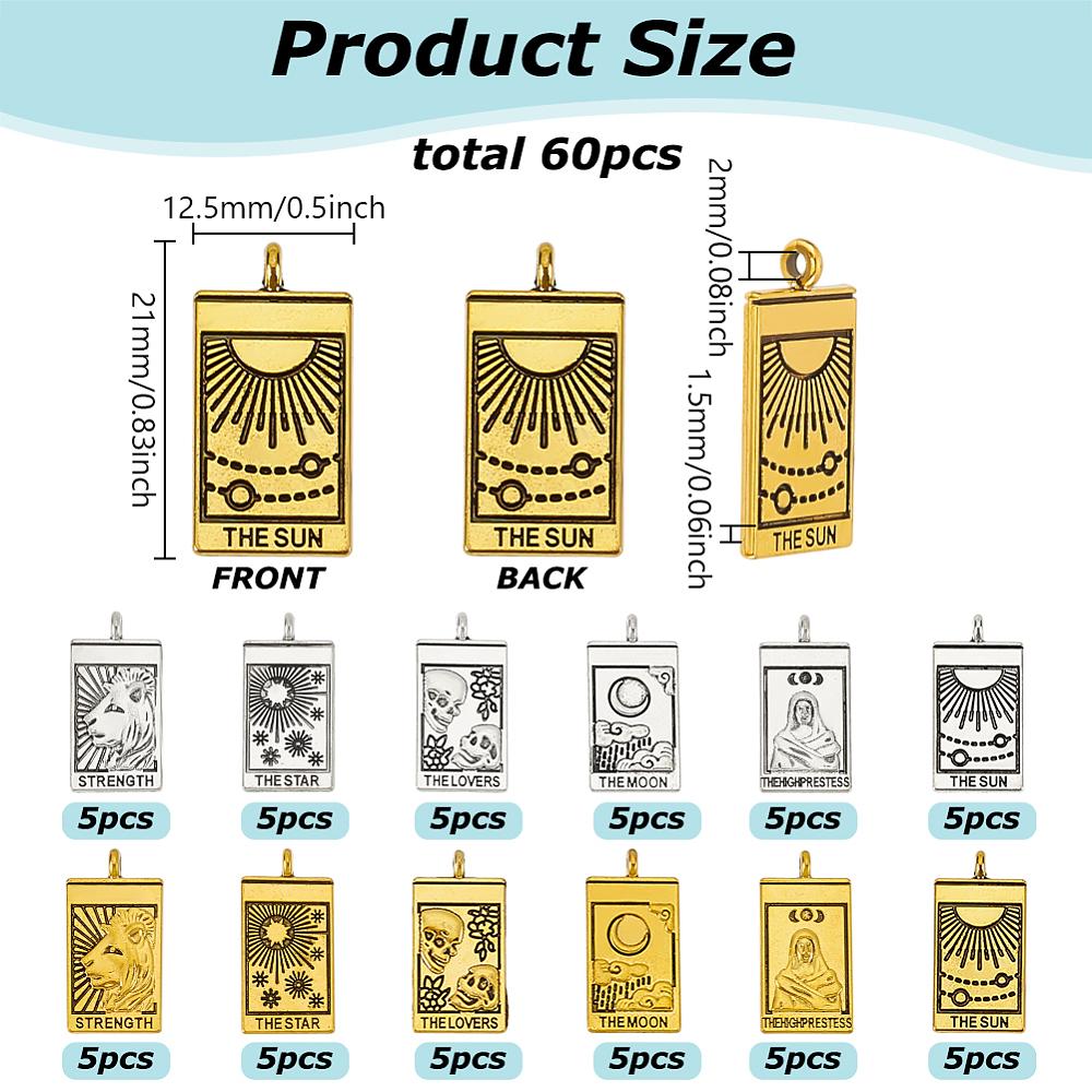 60Pcs 12 Styles Zinc Alloy Pendants Rectangle with Tarot Charms Antique Silver & Antique Golden 26x13x1.5~2.5mm Hole: 2mm 5pcs/style