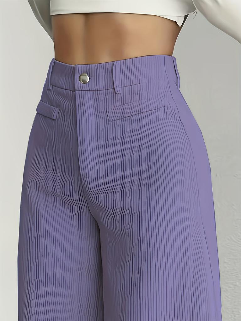 Women's High Waist Wide Leg Pants, Basic Casual Trouser with Button Detail, Solid Grey