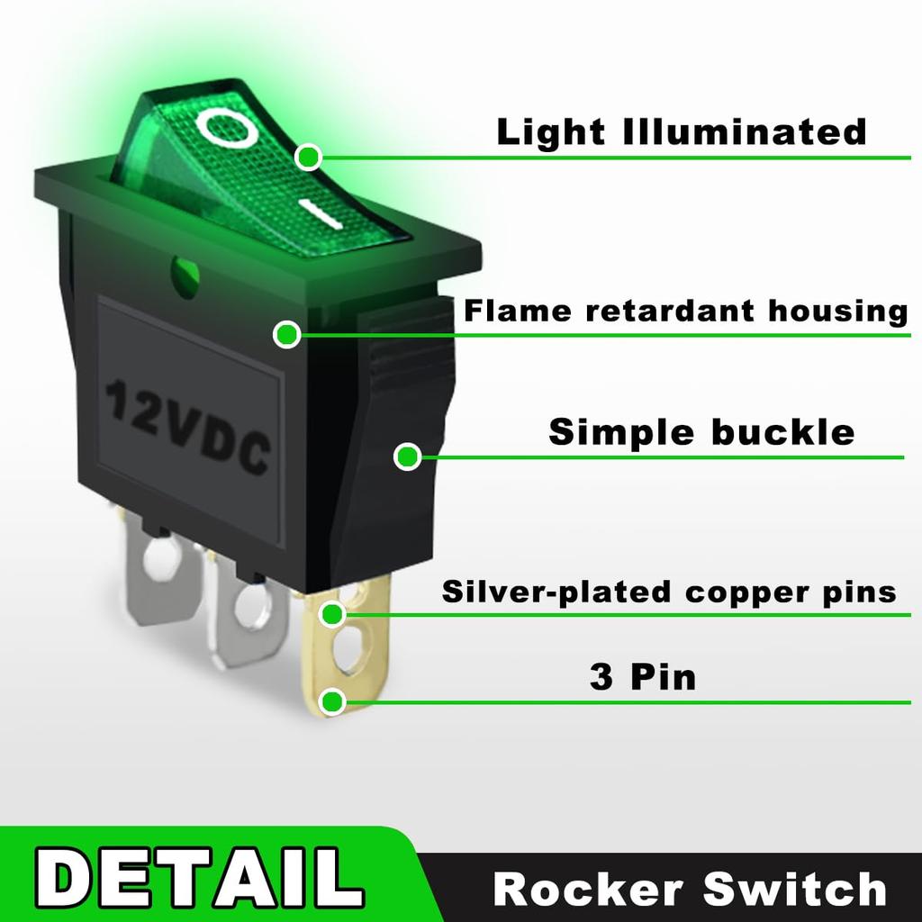 MKBKLLJY 6PCS Rocker Switch 3 Pin 2 Position ON/OFF 20A DC SPST Green