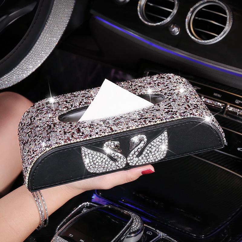 Swan Cartoon Car Tissue Box with Diamond Accents - Creative Cute Design