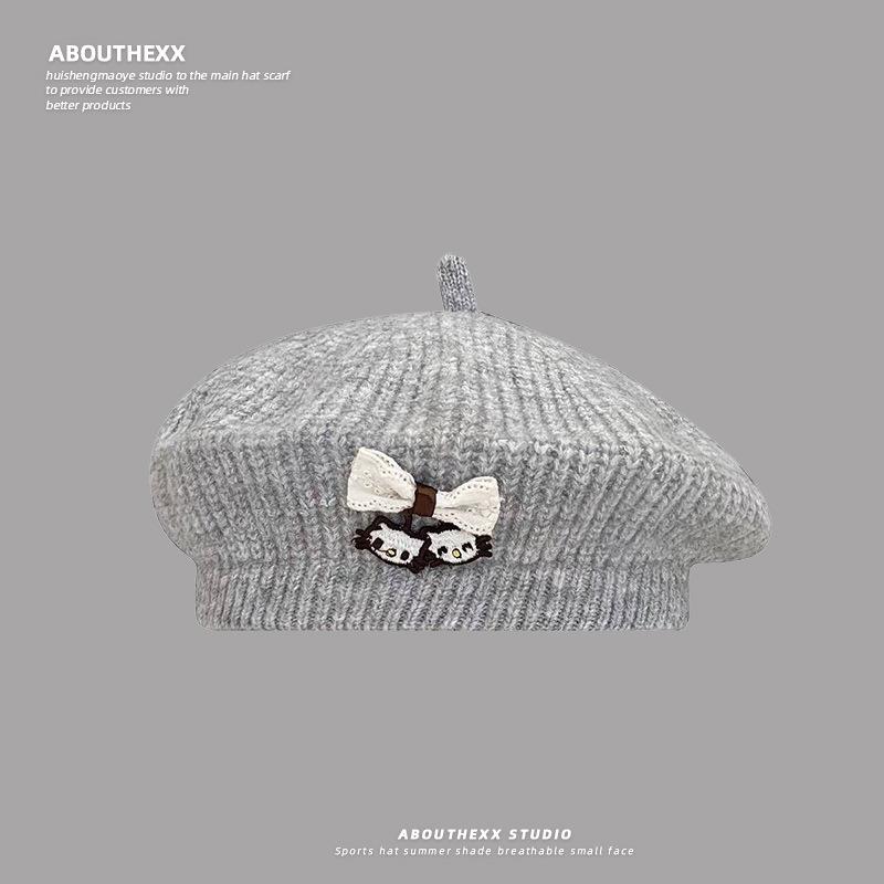 Japanese Cute Cat Knitted Beret Female Artistic Retro All Match Show Face Little Cloud Painter Hat Octagonal Hat