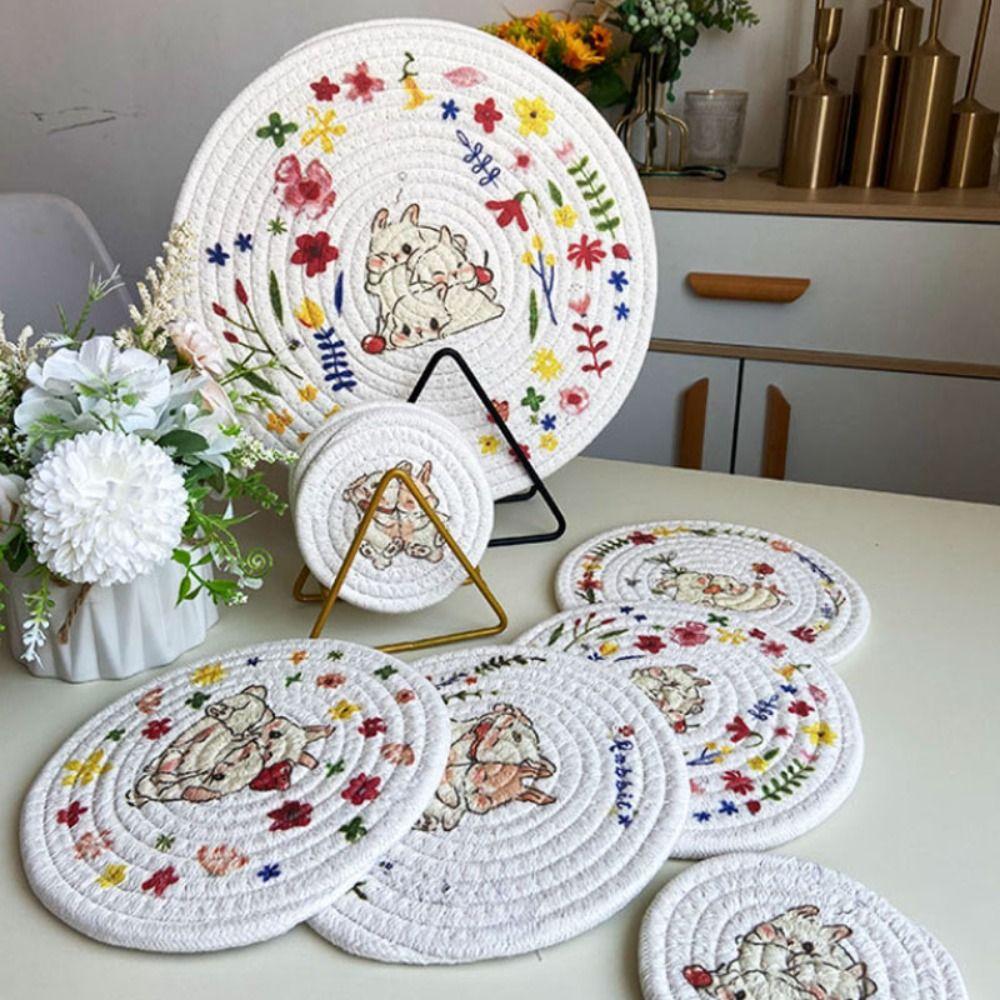 

Rabbit Print Round Coaster Heat Insulation Pot Pad Woven Cotton Placemat Table Decoration 11cm-Style C