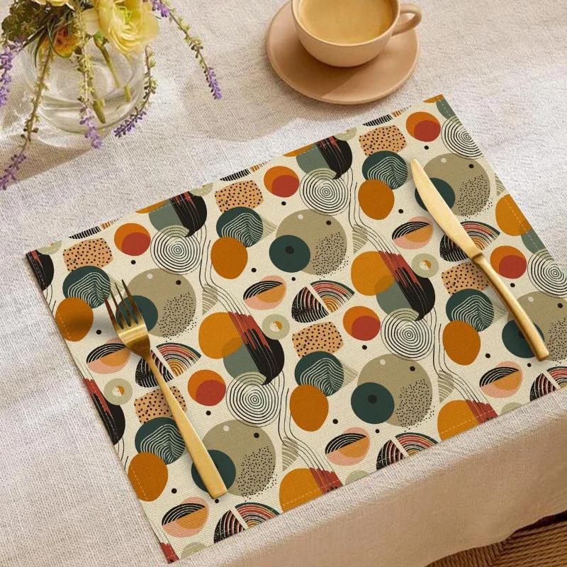 6PCS Set Luxury Table Mats Dining Table Elegant Leaf Fan Stripe Red Wave Polka Dot Pattern Placemats Golden Utensils Home Decor