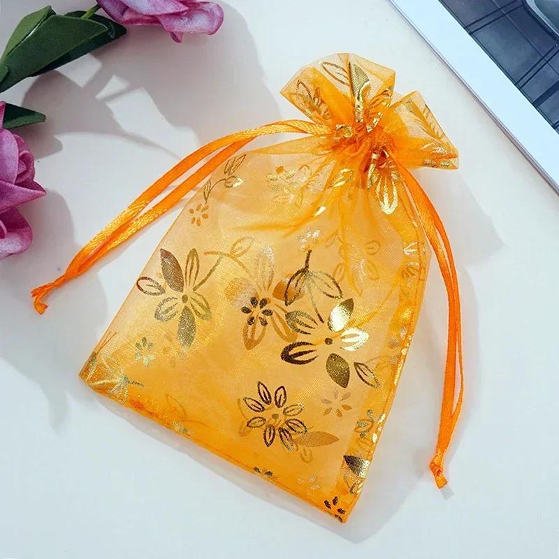 50piece Gold Stamp Rose Pattern Gauze Bag Colorful Pull Rope Self Sealing Storage Bags Candy Gift Accessory Package Jewelry Pouc