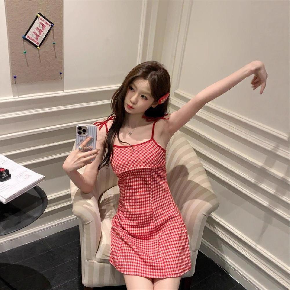 Fresh College Sweet Spice Girl Contrast Color Plaid Suspender Skirt Women's Clothing Early Spring Age Reduction Slim A-shaped Skirt Dress Short Skirt