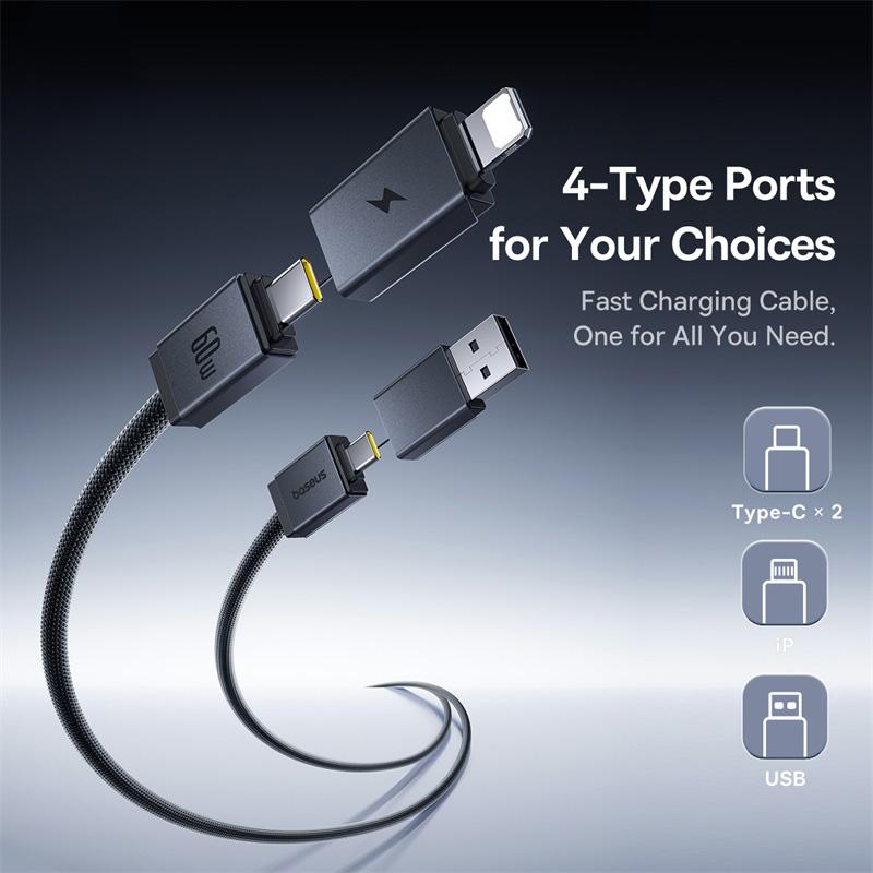 BASEUS Versatile 1m Two-For-Two Fast Charging Cable USB+Type-C to Type-C+Ip Data Cord