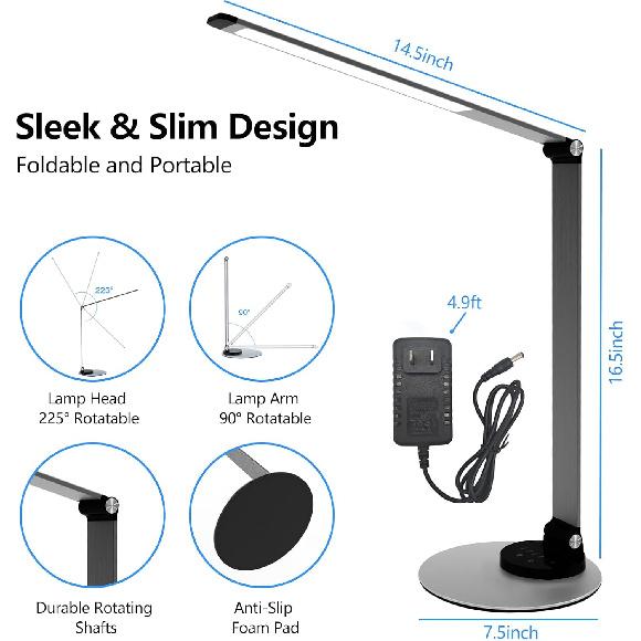 LED Desk Lamp for Home Office, Foldable Desk Light USB Charging Port Touch Control, 3 Color Temp, 6 Brightness, Metal Table Lamp Eye-Caring Reading