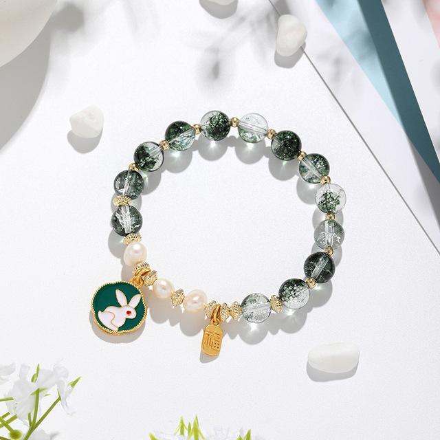 Natürliches grünes Gespenst-Kristallarmband, niedliches Kaninchen-Zirkon-Charm-Armband für Frauen, Schmuckgeschenk, einfaches Trend-Mondarmband