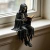 Yousheng Gothic Dark Fantasy Figure, Reading Hooded Grim Reaper Statue, Halloween Resin Sitting Skeleton Figurine for Bookshelf Home