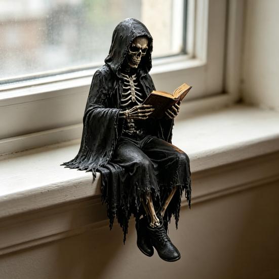 Yousheng Gothic Dark Fantasy Figure, Reading Hooded Grim Reaper Statue, Halloween Resin Sitting Skeleton Figurine for Bookshelf Home