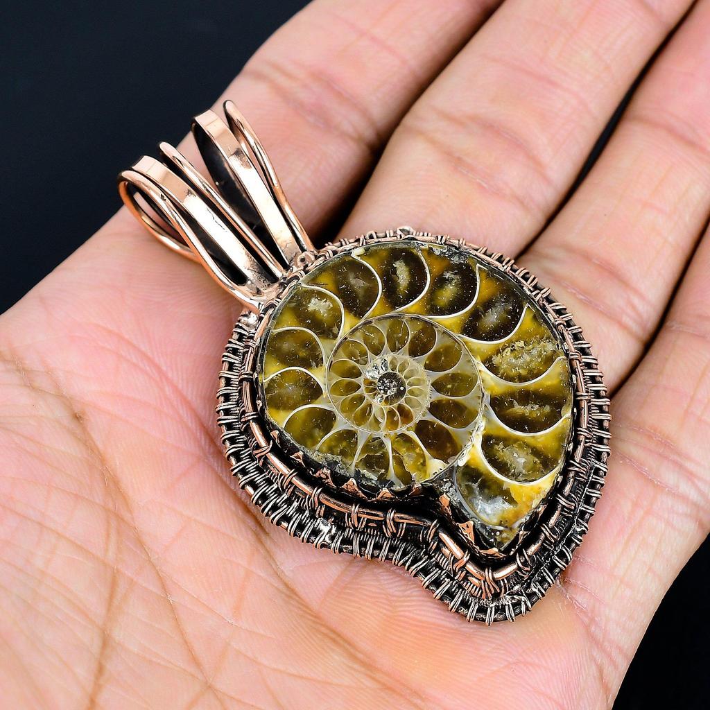 Ammonite Fossil Pendant, Gemstone 999 Copper Wire Wrapped Jewelry Pendant, Handmade Jewelry Birthstone Pendant