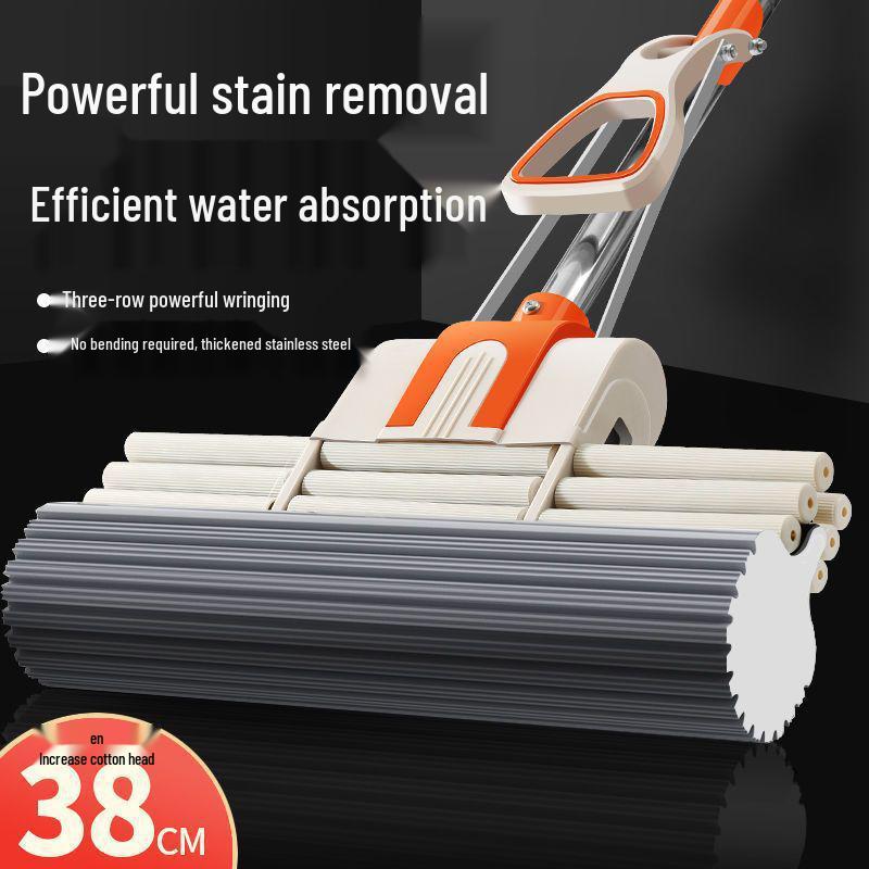Sponge Mop with Cotton Squeeze Roller - High Absorption, Hands-Free, Large & Durable for Household Floors