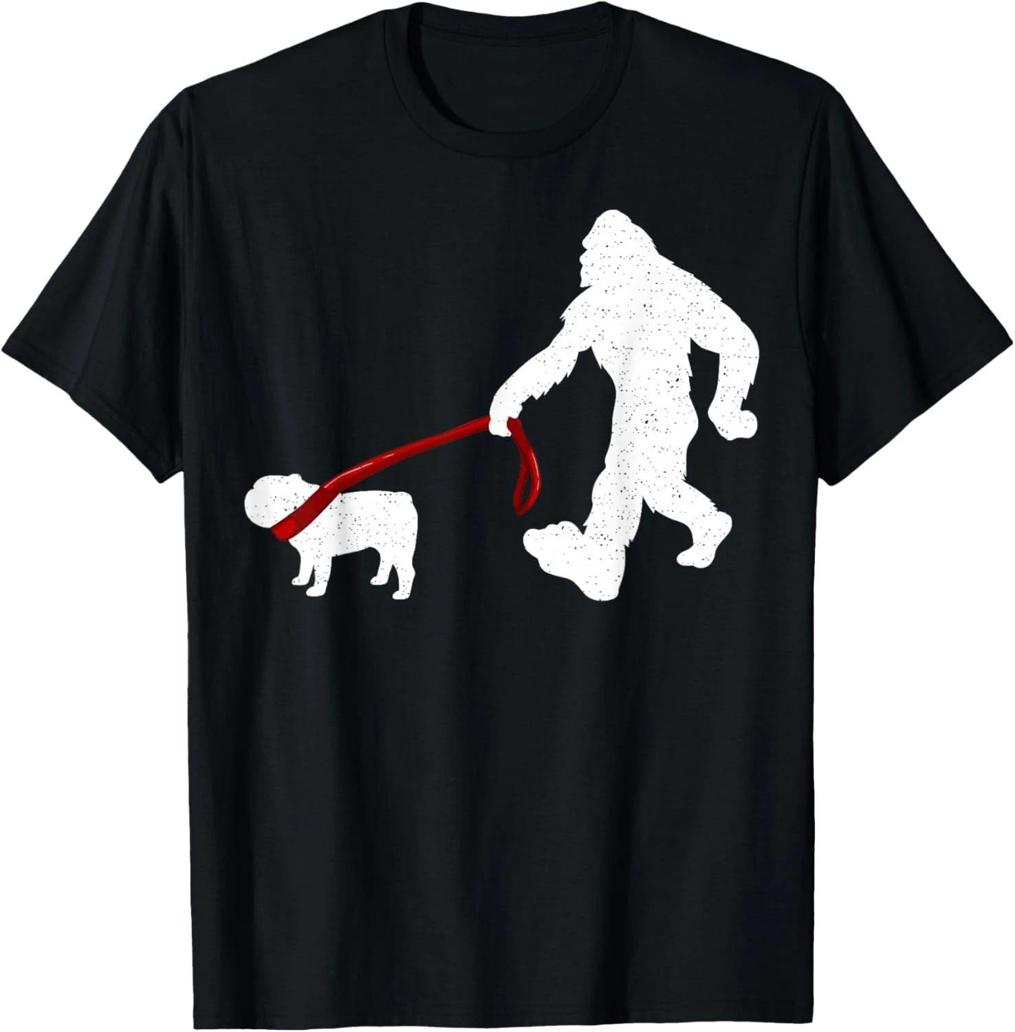 Funny Bigfoot Walking With Bulldog Dog Gifts Gift Unisex T-Shirt XL
