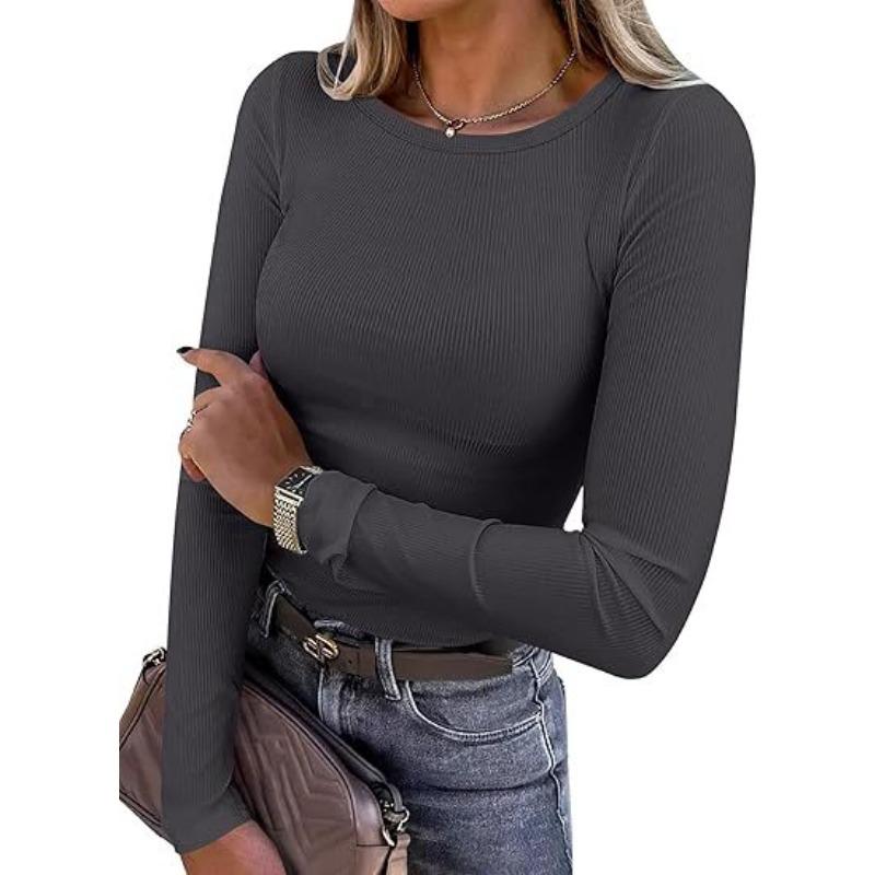 New women's long-sleeve stretch round-neck ribbed shirt, slim-fit casual basic top