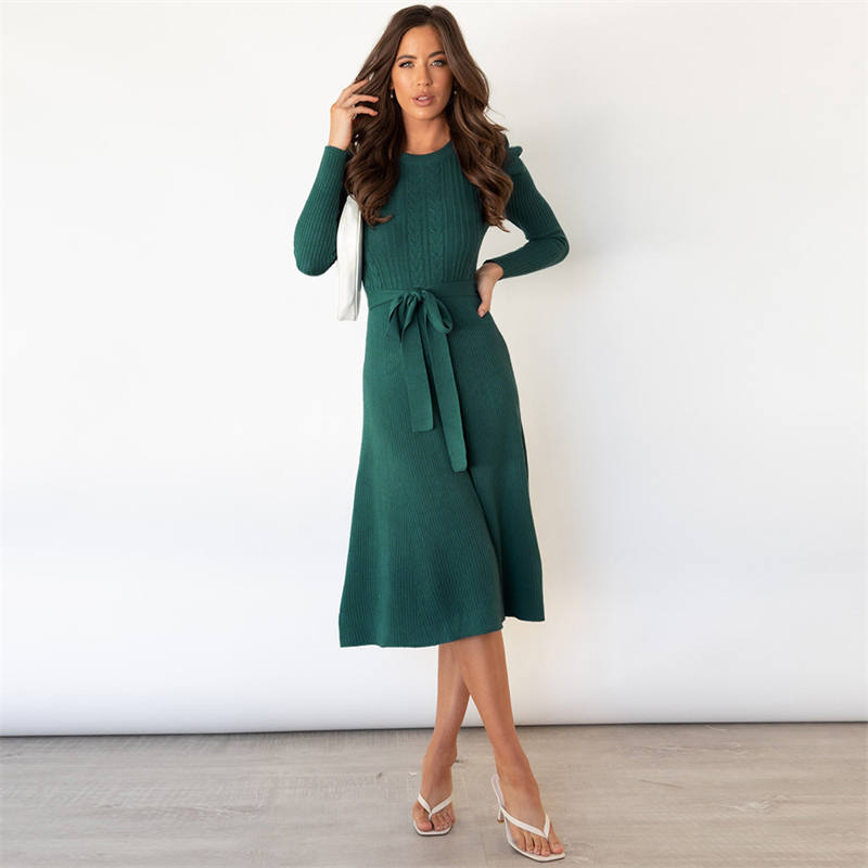 Knitted Dress Big Swing Dress Base Sweater Dress Slimming High Waist Bubble Long Sleeve Mid-Length
