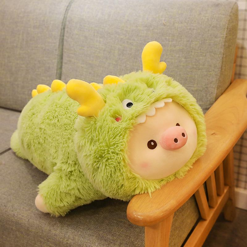Cartoon Dinosaur Transforming Plush Pig Toy - Long Fur Sleeping Hug Pillow
