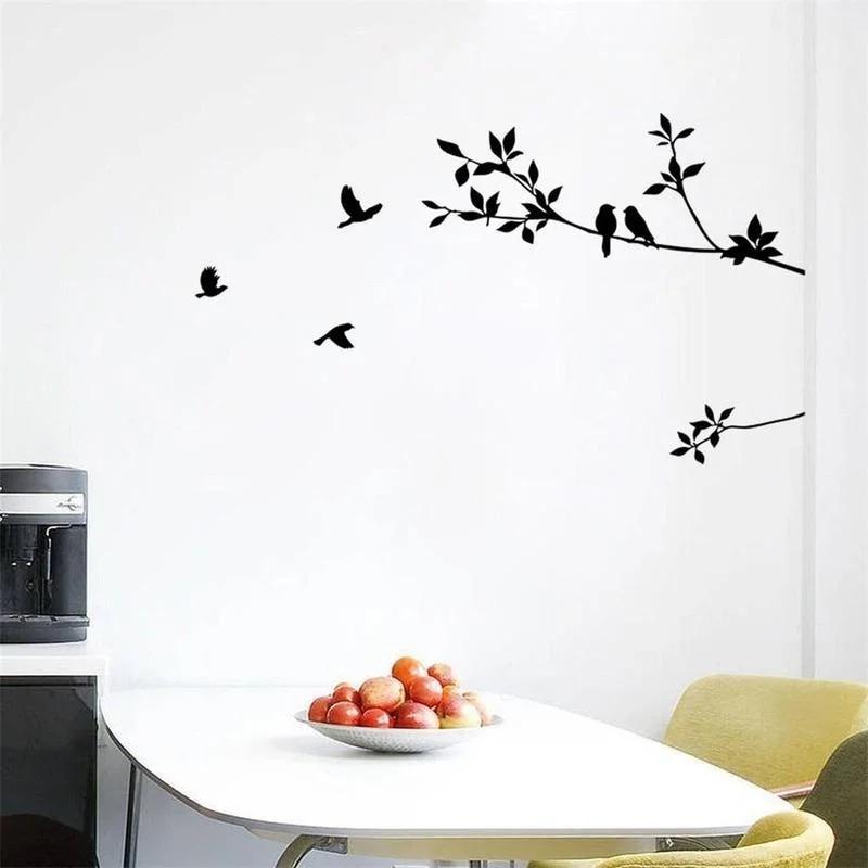 60*24cm Birds Tree Branch Leaves DIY Art Wall Stickers Removable Vinyl Living Room Decal (Color: Black)