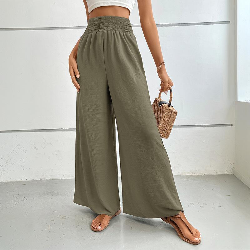 Summer High-waisted, Casual, Simple Solid-color Loose-fitting Wide-leg Pants with Elastic Waists