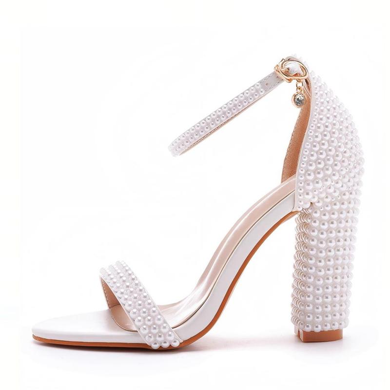 Fashion Liyke Summer Fashion White Pearl Square High Heels Gladiator Sandals Women Wedding Prom Shoe Sexy Open Toe Ankle Strap Sandalias