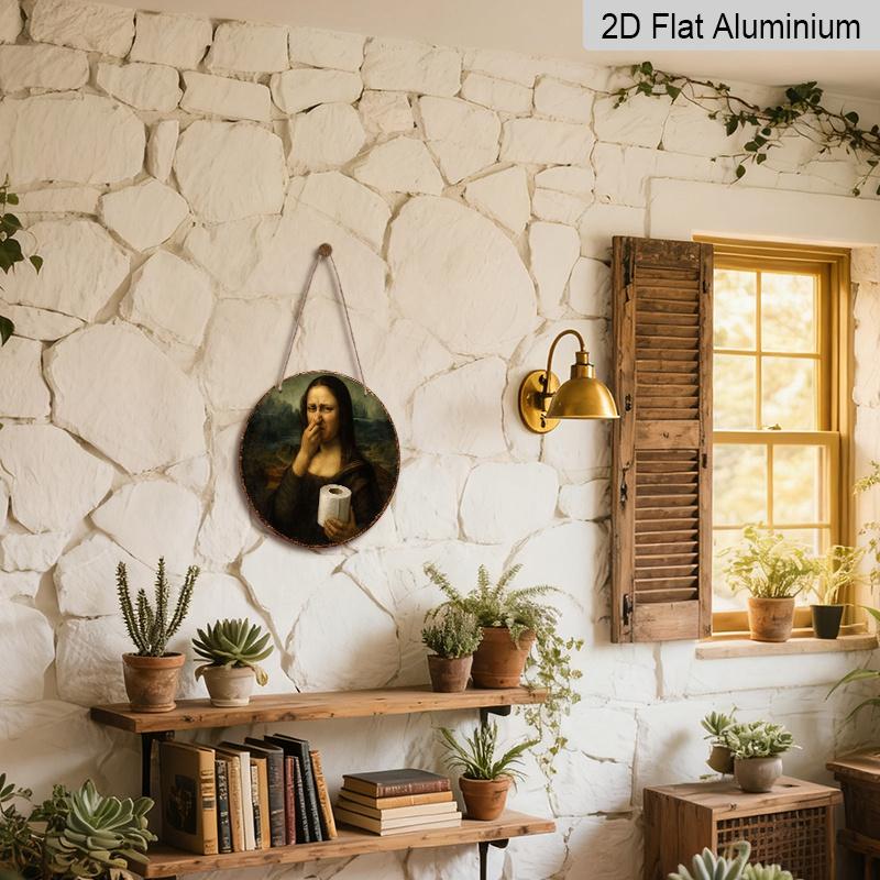 2D Flat, 1pc Funny Mona Lisa Covering Nose Restroom Aluminum Sign - Vintage Bathroom Wall Decor, Waterproof Rust-Proof Wall Plaque, Suitable for