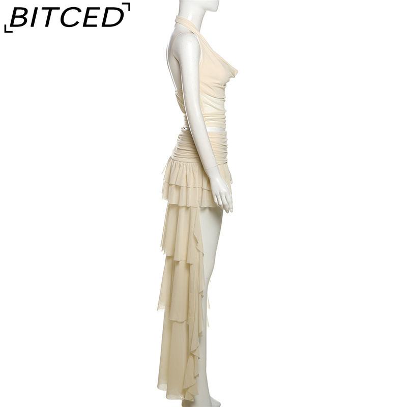 BITCED Spring Women's Solid-Colour Slim-Fit Halter Neck Top with Fashionable Low-Waist Skirt Set