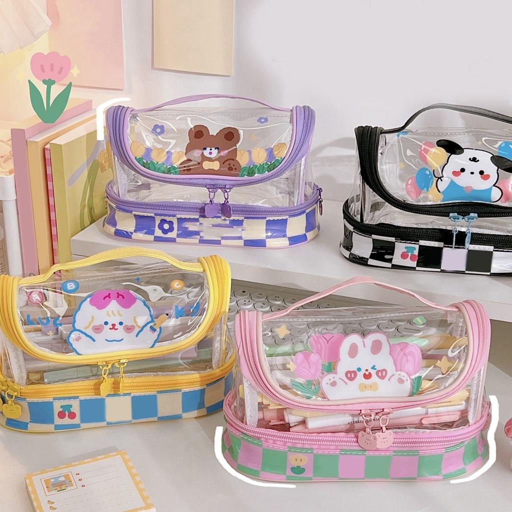 Pencil Bag Cartoon Style Large Capacity Plastic  Clear PVC Portable Large Pencil Case for Stud