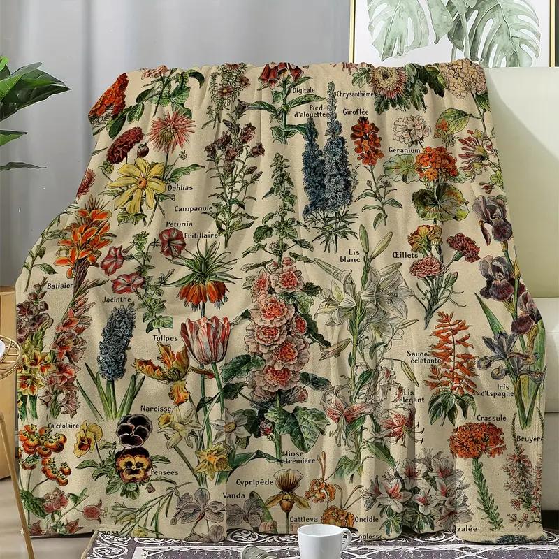 1Pc Vintage Floral Flannel Blanket Green Plant Plaid 3D Printed Warm Cozy Soft Rug For Sofa Bed Couch Car Camping Travel Blanket