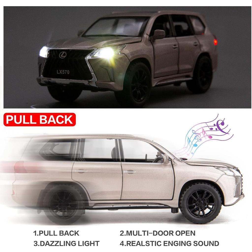 1/32 Scale Lexus LX570 Off-Road In Luxury SUV Model Car, Zinc Alloy Pull Back Toy Car with Sound and Light for Kids Boy Girl Gift