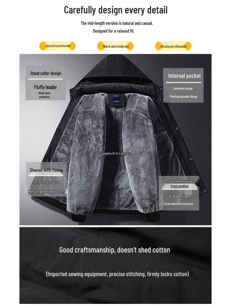 Herren Winter Mittellange Verdickte Baumwolljacke für Mittleren Alters & Ältere mit Zusätzlichem Fleece