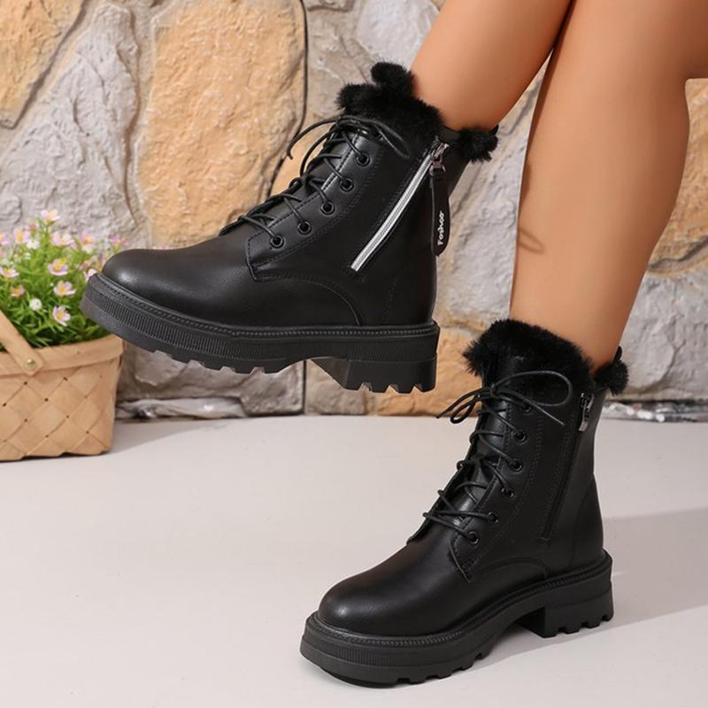 Autumn Winter Short Plush Ankle Boots Women Fashion Zipper Black Pu Leather Motorcycle Boots Woman Lace Up Platform Botas Mujer