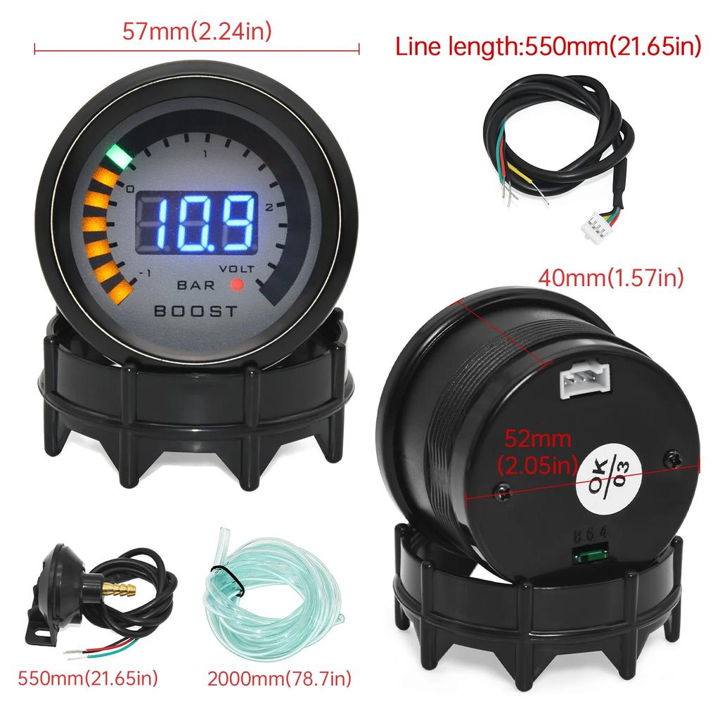 2" 52mm Auto Car Gauge Turbo Boost Gauge -1-3BAR/-15-45PSI Turbo Boost Meter with Sensor BAR PSI for Universal Gasoline Car 12V