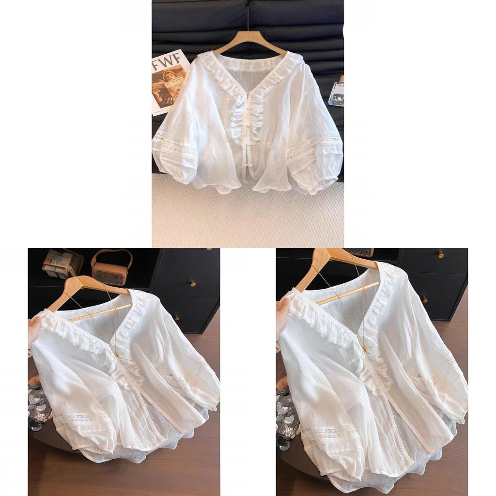 Summer Blouse With Ruffled Lace Trim Vneck Long Sleeve For Women