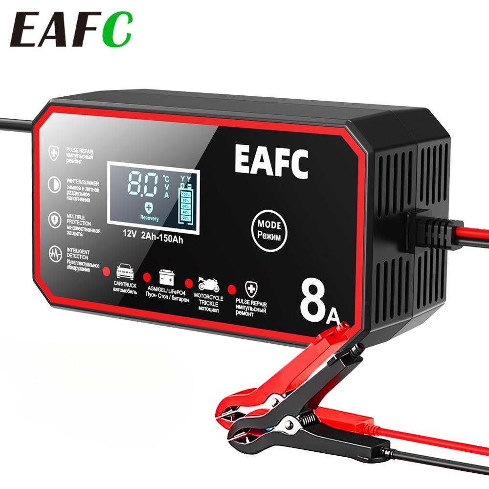 EAFC EU Plug 12V 8A Smart Car Battery Charger with LCD Display, Intelligent Pulse Repair Battery Charger - for Lead-Acid & LiFePO4 Batteries