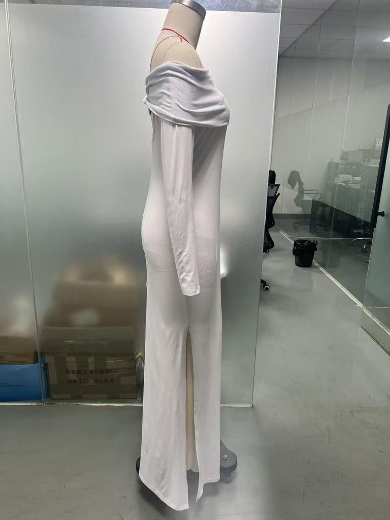 2026 Autumn One-Shoulder Slit Long Sleeve Slim Fit Socialite Dress
