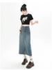 Women's High Waist A-Line Denim Midi Skirt with Slit and Pockets