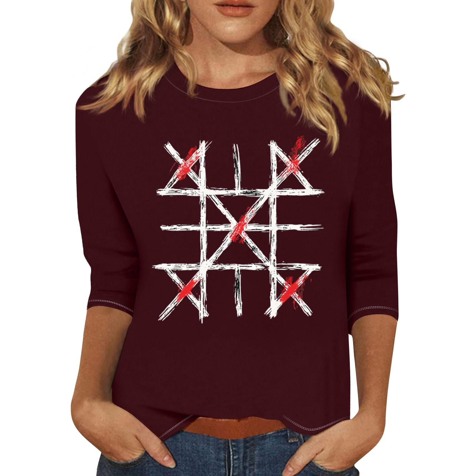 

Women s Fashion Casual Three-quarter Sleeve Spray Checkerboard Printed Round Neck Pullover Top M винний