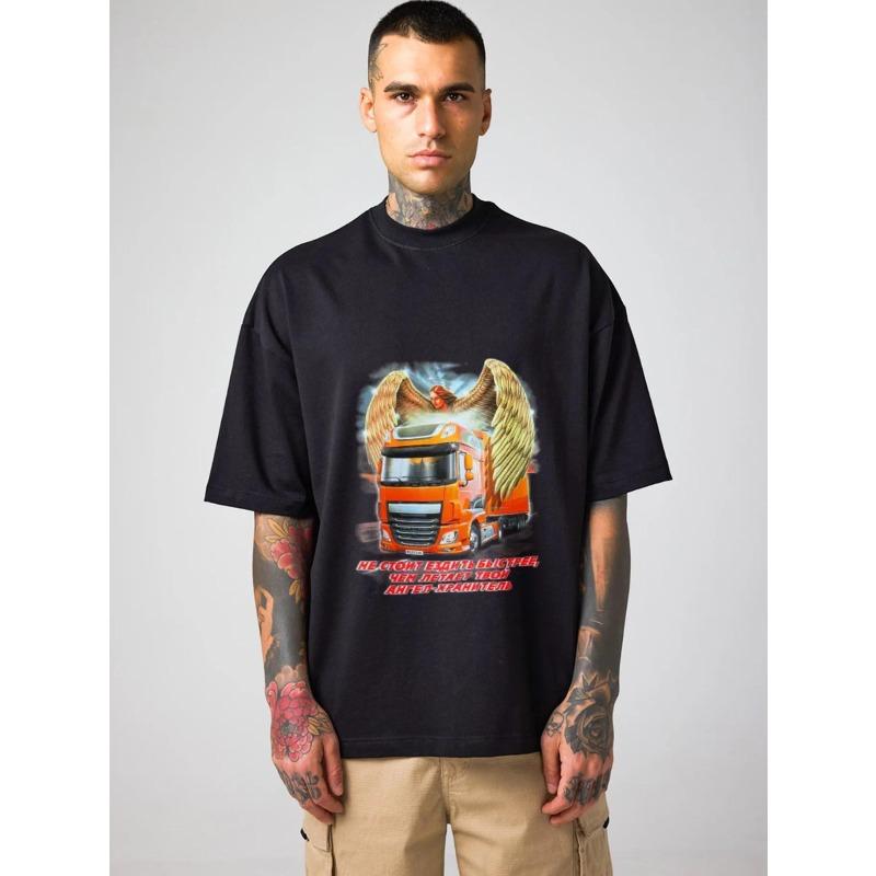 

Мужская футболка Белый грузовик с крыльями и графикой с русским текстом Повседневная одежда для повседневного использования XXXXL чёрный