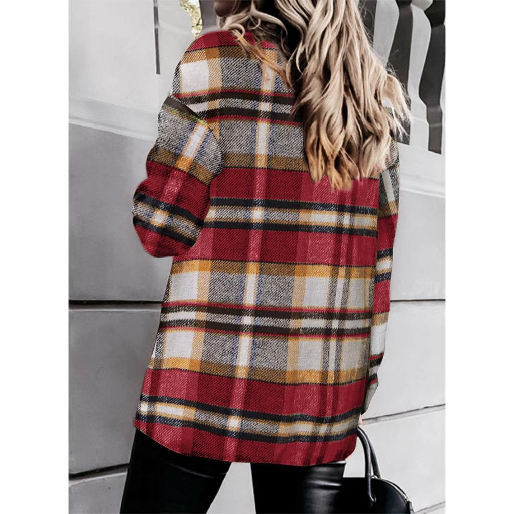 Women's Fall Winter Plaid Wool Blend Shirt Jacket, Long Sleeve Loose Button Down Coat With Pocket, European American Style Casual Outerwear