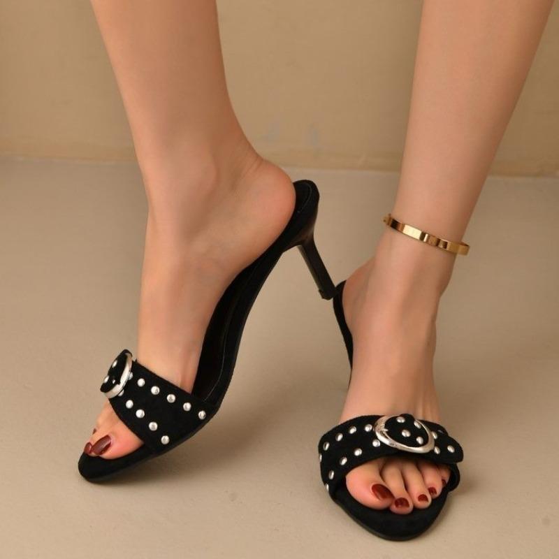 Black Punk Pointed Toe High Heel Mules Slippers Women Bukle Decor Thin Heels Sandals Woman Pu Leather Slip on Party Shoe