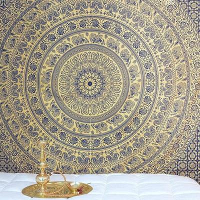 Bless International Handmade Indian Hippie Bohemian Psychedelic Elephant Mandala Wall Hanging Bedding Tapestry (Navy Blue and Gold)