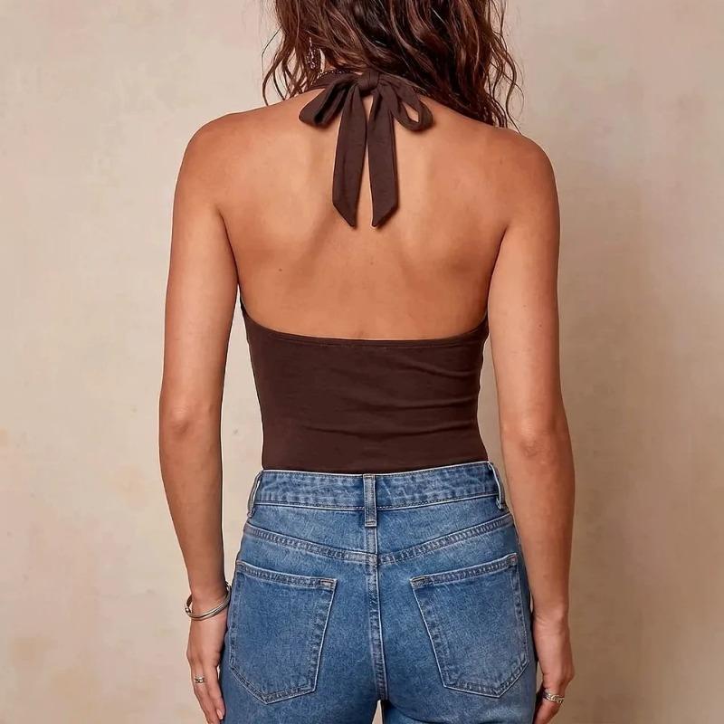 Women Solid Color Cowl V Neck Halter Off Shoulder Cami Tank Top