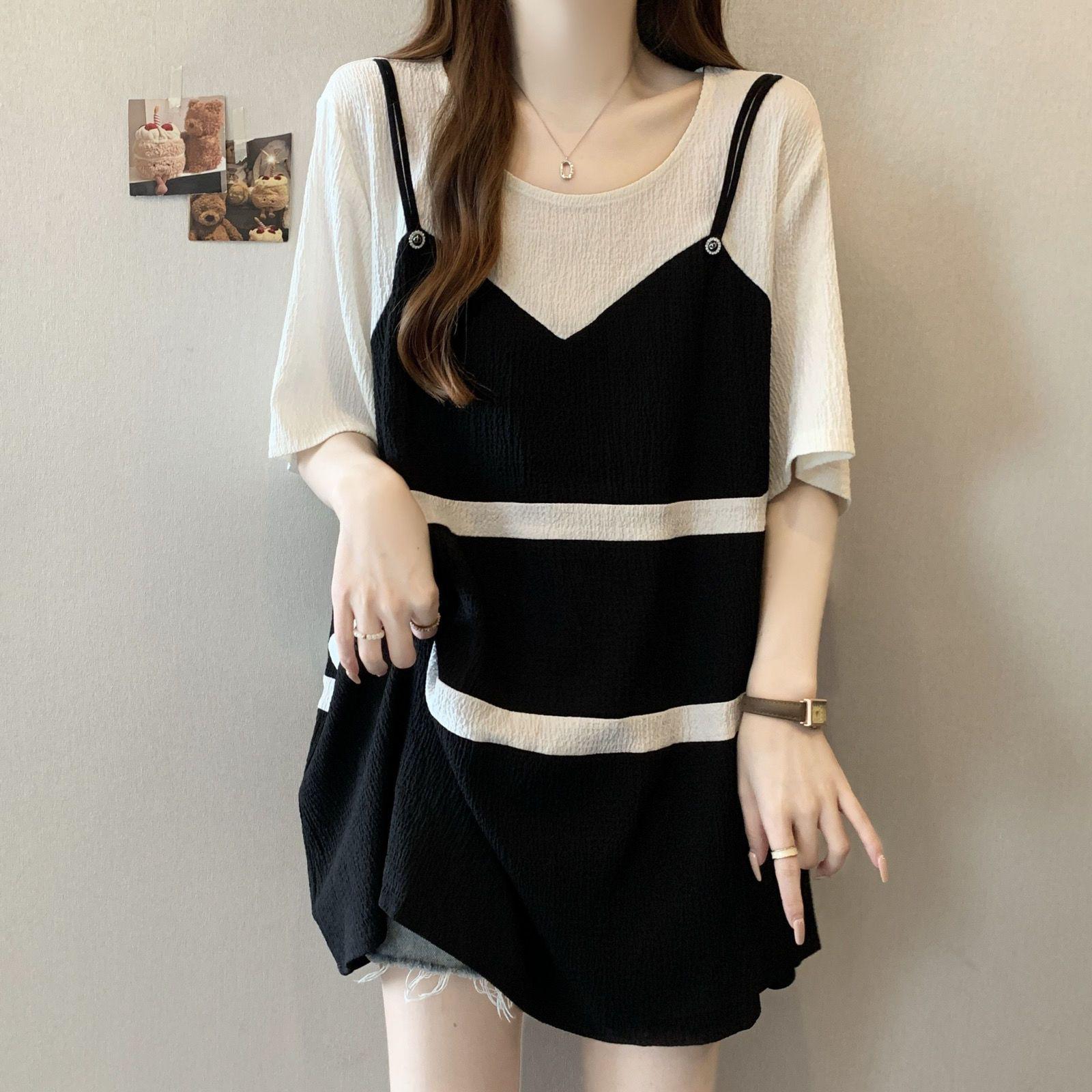 

Plus Size Patchwork Short Sleeve Two-Piece T-Shirt, Slimming Mid-Length Top 3XL (suggested 161-180 jin) чорний