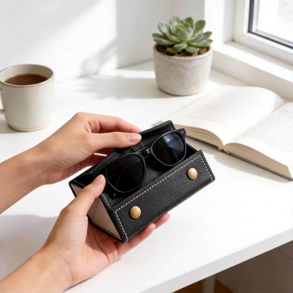 Leather Folding Multi Compartment Glasses Case With Soft Interior For Travel Storage