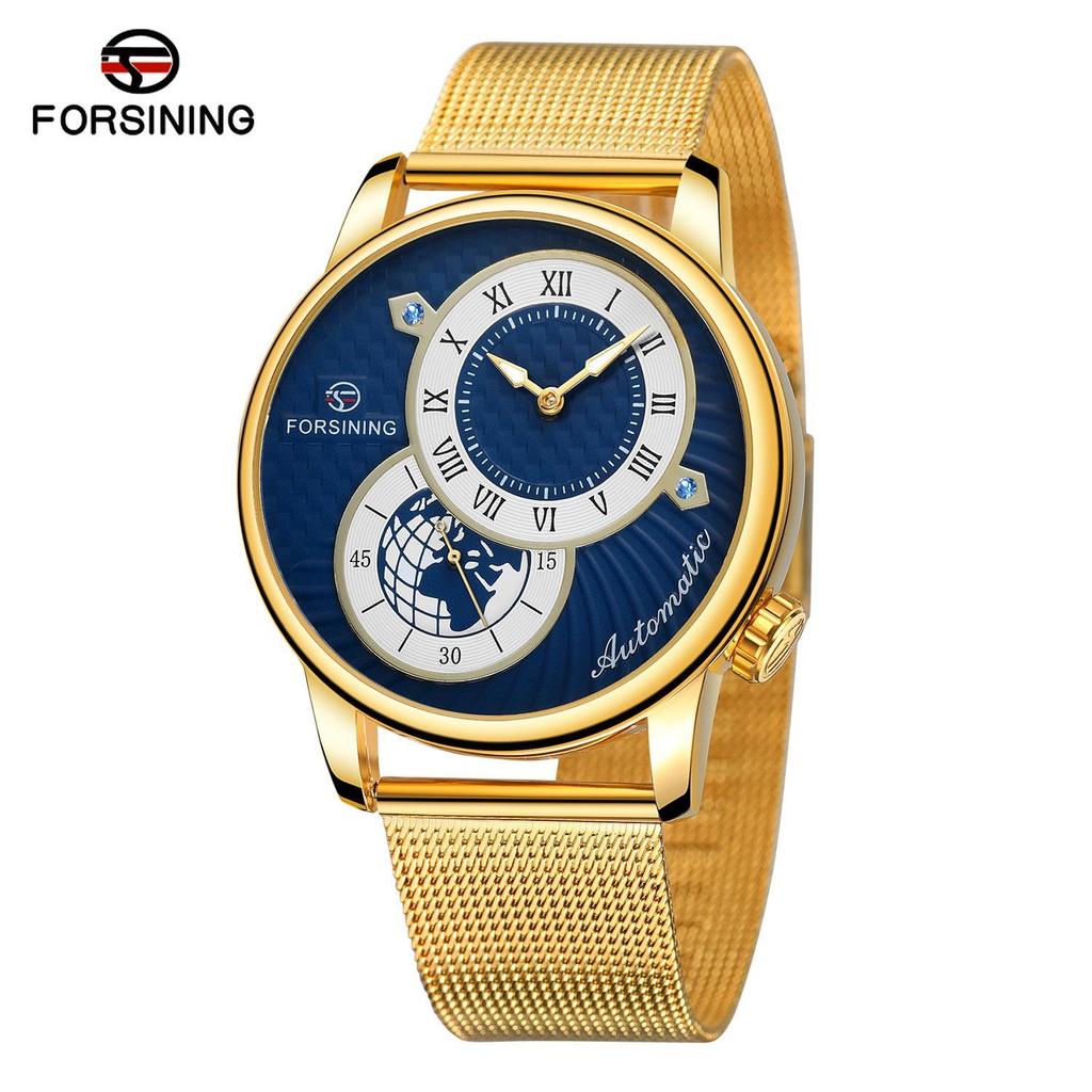 FORSINING Automatic Mechanical Wristwatch Military Sport Male Clock Luxury Golden Case Creative Dial Men Stainless Steel Mesh Strap Watch