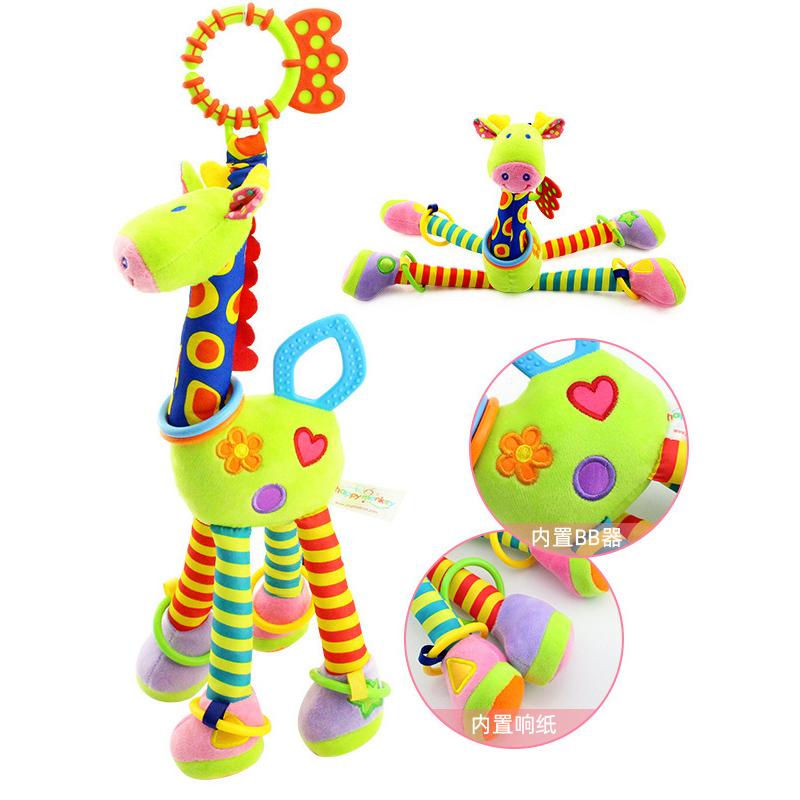 Soft Giraffe Animal Handbells Rattles Plush Infant Toddler Car Bed Hanging Toy Baby Early Education Development Handle Toys
